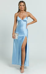 Heidi Maxi Dress - Satin Ruched Bust Tie Back Dress in Blue