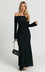 Ayla Maxi Dress - Off Shoulder Flared Sleeve Bodycon Dress in Black