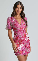 Wren Mini Dress - Puff Sleeve Bodycon 3d Garden Flowers Dress in Magenta
