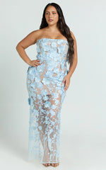 Sienna Maxi Dress - 3D Floral Strapless Column Dress in Blue