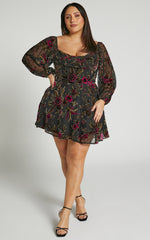 Jessell Mini Dress - Long Sleeve Cowl Corset Dress in Black Floral