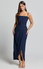 Andrina Midi Dress - High Low Wrap Corset Dress in Navy