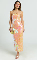 Casey Midi Dress - Square Neck Sequin Bodycon Dress in Peach