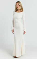 Ayla Maxi Dress - Off Shoulder Flared Sleeve Bodycon Dress in Off White