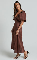 Amalie The Label - Janae Linen Blend Puff Sleeve Cut Out Midi Dress in Chocolate