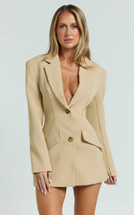 Shelley Mini Dress - Collared Double Breasted Blazer Dress in Beige
