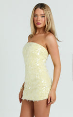 Rhonda Mini Dress - Strapless Sequin Dress in Lemon