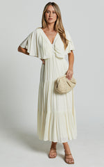 Danny Midi Dress - Ruffle Sleeve Tiered Dress in Natural