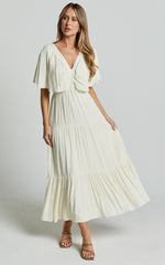 Danny Midi Dress - Ruffle Sleeve Tiered Dress in Natural