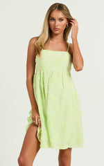 Claya Mini Dress - Sleeveless Straight Neckline Floral Detail Dress in Lime