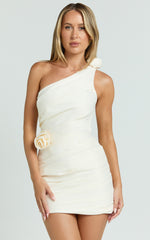 Sheeran Mini Dress - One Shoulder Rose Gathered Dress in Cream