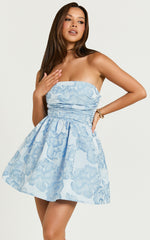 Laure Mini Dress - Strapless Jacquard Dress in Blue