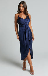 Katie Midi Dress - V Neck Tie Front Detail Dress in Mid Night Blue