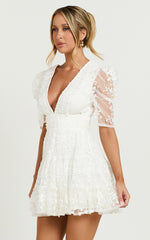 Pamela Mini Dress - Embroidered Plunge Tiered Dress in White