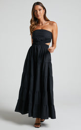 Xiomara Maxi Dress - Strapless Cut Out Tiered Dress in Black