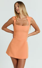 Sakura Mini Dress - Square Neck Wide Strap Corset Waist A Line Skirt Dress in Orange