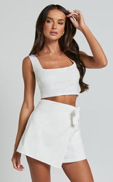 Polina Two Piece Set - Linen Square Neck Crop Top and Tie Waist Skort Set in White