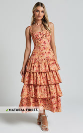 Amalie The Label - Adela Linen Look Blend Tiered Midi Dress in Valencia Print
