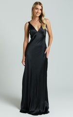 Anjorie Maxi Dress - Plunge Neck Wide Strap Sleeveless Slip in Black