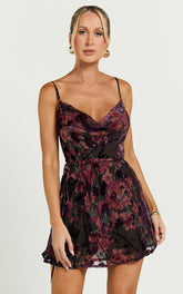 Mariana Mini Dress - Cowl Neck Drawstring Waist Slip Dress in Burn Out Floral