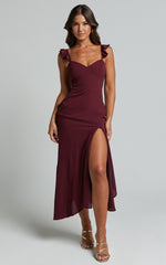 Morgan Midi Dress - Frill Asymmetric Split Dress in Grape