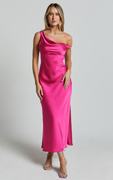 Alexia Midi Dress - One Shoulder Bust Slip Dress in Fuschia
