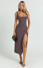 Aretha Midi Dress - Square Neckline High Split Dress in Mocha