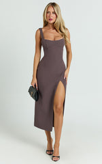 Aretha Midi Dress - Square Neckline High Split Dress in Mocha