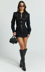 Fabia Mini Dress - Denim Hardware Button Front Fitted Shirt Dress in Dark Wash