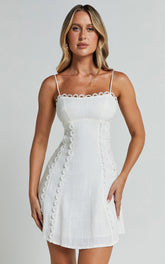 Gelli Mini Linen Dress - Strappy Lace Detail Dress in White