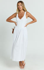 Beckett Midi Dress - Scoop Neck Drop V Waist Gathered Skirt Dress in White