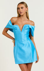 Jayce Mini Dress - Plunge Neck Off Shoulder Tulip Dress in Blue