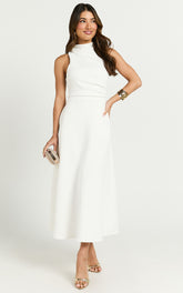 Macy Midi Dress - High Neck A Line Dress in Off White