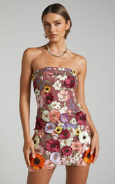 Wren Mini Dress - Strapless Bodycon Garden Flowers Dress in Burgundy