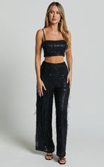 Claudette Pants - High Waist Wide Leg Fringe Sequin Pants in Black