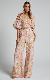 Amalie The Label - Aldina Linen Blend High Waisted Belted Straight Leg Pants in Morocco Print