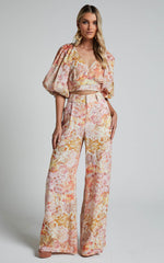 Amalie The Label - Aldina Linen Blend High Waisted Belted Straight Leg Pants in Morocco Print