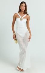 Adalia Maxi Dress - Strappy Hardware Rosette Trim Jersey Bodysuit Crochet Column Skirt Dress in Off White