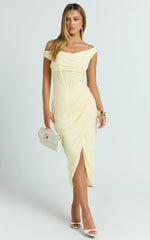 Aidia Midi Dress - Off Shoulder Draped Corset Dress in Lemon