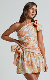 Zaria Mini Dress - Asymmetric Cut Out Tie Waist Dress in Orange Floral