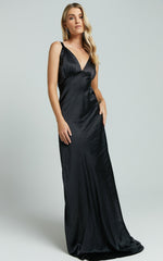 Anjorie Maxi Dress - Plunge Neck Wide Strap Sleeveless Slip in Black