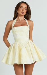 Maddy Mini Dress - Square Neck Halter Fit And Flare Dress in Lemon