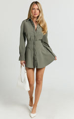Whitney Mini Dress - Linen Long Sleeve Shirt Dress in Grey Keisha Stripe