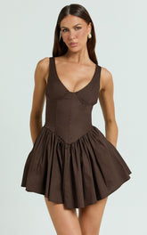 Ashlyn Mini Dress - Scoop Neck V Waist Gathered Dress in Chocolate