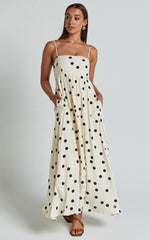 Miriam Midi Linen Dress - Strappy Straight Neck A Line Dress in Beige & Black Spot