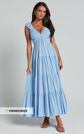 Nicollee Midi Linen Dress - Plunge Neck Sleeveless Tiered Dress in Blue