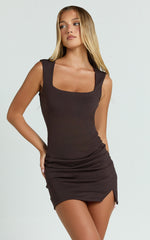 Chloe Mini Dress - Wide Square Neckline Side Split Bodycon Dress in Chocolate