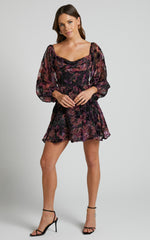 Jessell Mini Dress - Long Sleeve Cowl Corset Dress in Burnt Out Floral
