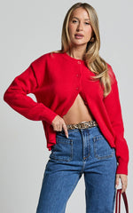 Lucille Cardigan - Button Through Scoop Neck Knit Cardigan in Red