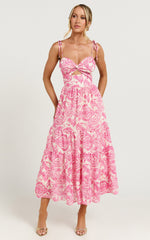 Esmeralda Midi Dress - Strappy Cut Out Tiered Dress in Pink Floral